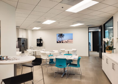 The dining room of the American Heritage Lending office with 5 tables, a puzzle on one of them and a picture of the dunes with palm trees on the wall